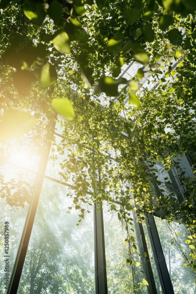 Poster A warm and bright scene with sunlight shining down through the leaves of a tree, creating dappled patterns on the ground