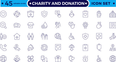 charity and donation icon set. Charity and Volunteering thin line style of philanthropic icons: almsgiving, helping those in need, donation, contribution, humanism, altruism. Editable stroke outline 
