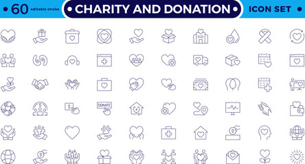 charity and donation icon set. Charity and Volunteering thin line style of philanthropic icons: almsgiving, helping those in need, donation, contribution, humanism, altruism. Editable stroke outline 

