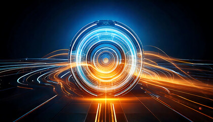 Stunning futuristic digital art depicting a glowing, circular interface with dynamic light trails. Ideal for tech, innovation, AI, and data visualization projects.