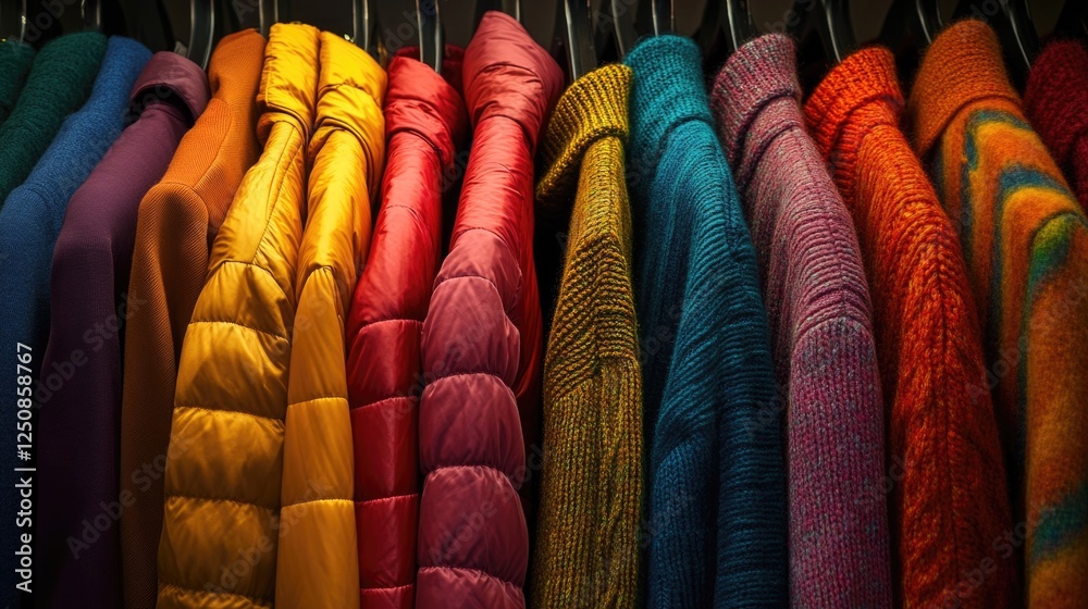 Poster a colorful garment rack with various pieces of clothing hung up for display or storage