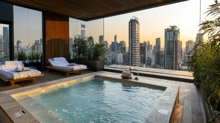 Fototapeta premium Luxurious Rooftop Spa with City View at Sunset in Modern Environment