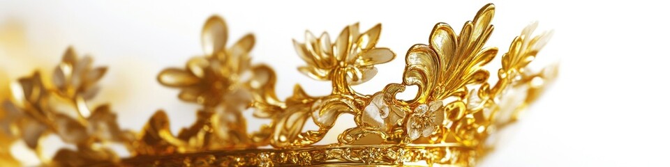 A golden crown sits atop a table, perfect for royalty-themed events or decorative purposes
