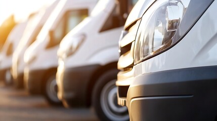 Line of parked delivery vans showcasing modern transportation solutions during golden hour in a serene environment : Generative AI