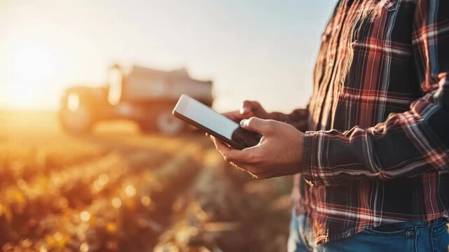 A modern farmer in a corn field using a digital tablet to review harvest and crop performance, ESG concept and application of technology in contemporary agriculture practices