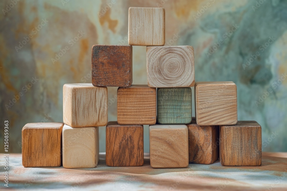 Poster a stack of wooden building blocks resting on a flat surface, ready for creative play