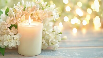 A tranquil arrangement featuring a lit candle surrounded by delicate white flowers, set against a softly blurred background filled with warm bokeh lights, Ideal for wellness, relaxation