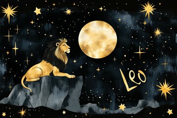 A celestial Leo themed illustration with gold stars and moon..