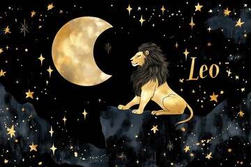 A celestial Leo themed illustration with gold stars and moon..