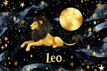 A celestial Leo themed illustration with gold stars and moon..