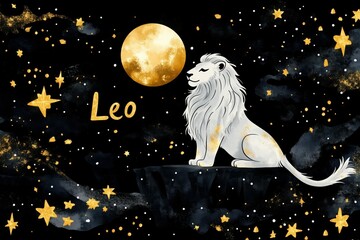 A celestial Leo themed illustration with gold stars and moon..