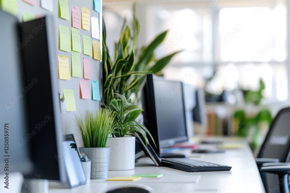 Poster office setup with dual screens and a small potted plant, suitable for business or home use