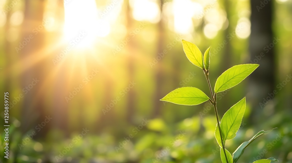 Poster fresh green plant basking in golden sunlight filtering through trees in a tranquil forest setting : 