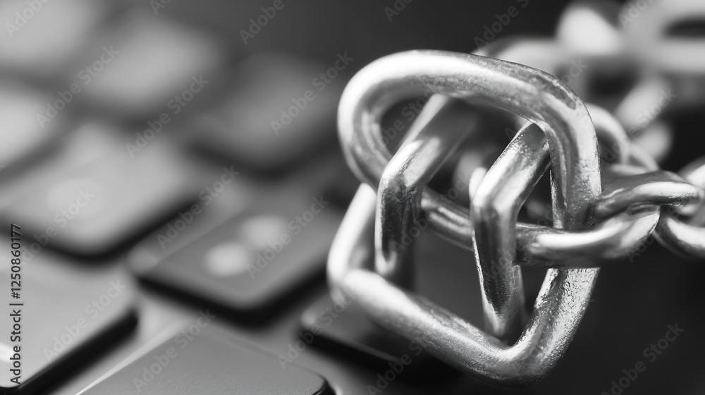 Poster Close up of a silver chain link resting on a computer keyboard symbolizing security and connection : Generative AI