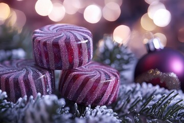 Close-up shot of colorful candies hanging from a branch, perfect for food or decoration illustrations