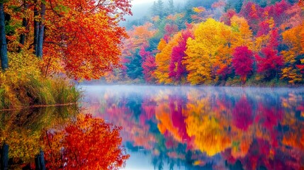 Vibrant Autumn Forest Reflection Over Calm Lake in Misty Morning