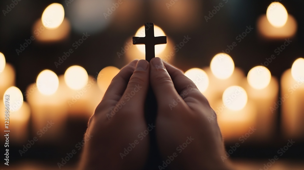 Poster hands holding a cross surrounded by glowing candles creating a spiritual atmosphere : generative ai