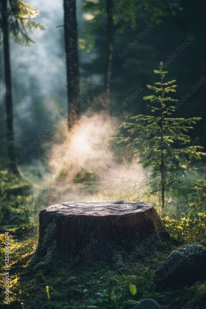 Poster a tree stump standing alone in a dense forest environment