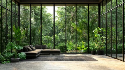 Modern Living Space Surrounded by Lush Green Tropical Plants