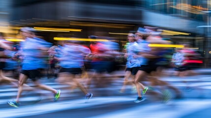Fototapeta premium Blurred group of marathon runners competing in a race on a busy city street. The athletes display energy, speed, determination during the urban marathon event, highlighting their fitness and motion