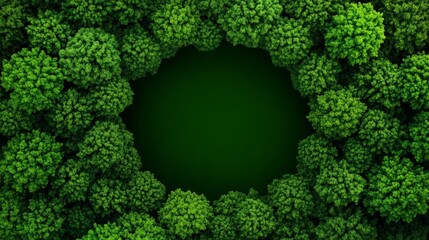 Forest Canopy Circle: A stunning overhead view showcases the vibrant green treetops arranged in a circular formation, creating a natural frame around an empty, inviting central space.