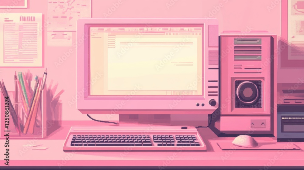 Wall mural retro old computer user interface,pink y2k computer window page and retro interface of pc screentren