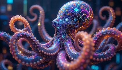 Obraz premium Vibrant digital octopus glowing with neon colors in an abstract underwater environment showcasing intricate details. Generative AI