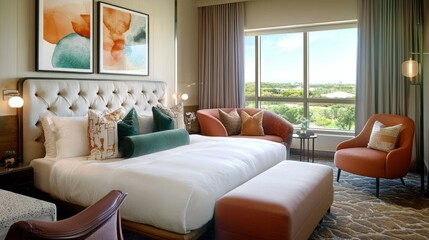 Elegant Hotel Room with Modern Decor and Bright Natural Light