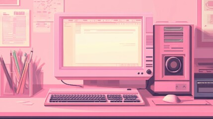 Fototapeta premium Retro old computer user interface,Pink Y2K computer window page and retro interface of PC screenTrendy,y2k pc element,8 bit pixel art,Transgressive conceptual modern art,kawaii retro 90s style.