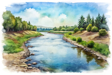 Scenic river landscape, watercolor painting, lush greenery, tranquil water, serene nature scene, artistic expression.