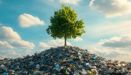 Lonely tree standing amidst pile of garbage symbolizing environmental challenges and hope