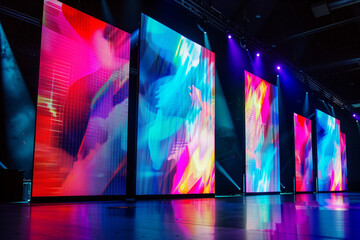 A futuristic stage setup featuring large LED projection screens displaying vibrant, abstract visuals with streaks of red, orange, and blue. The floor reflects the colorful lights