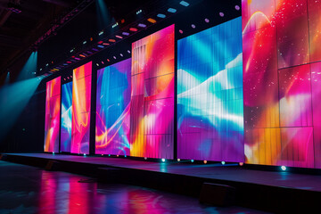 A futuristic stage setup featuring large LED projection screens displaying vibrant, abstract visuals with streaks of red, orange, and blue. The floor reflects the colorful lights
