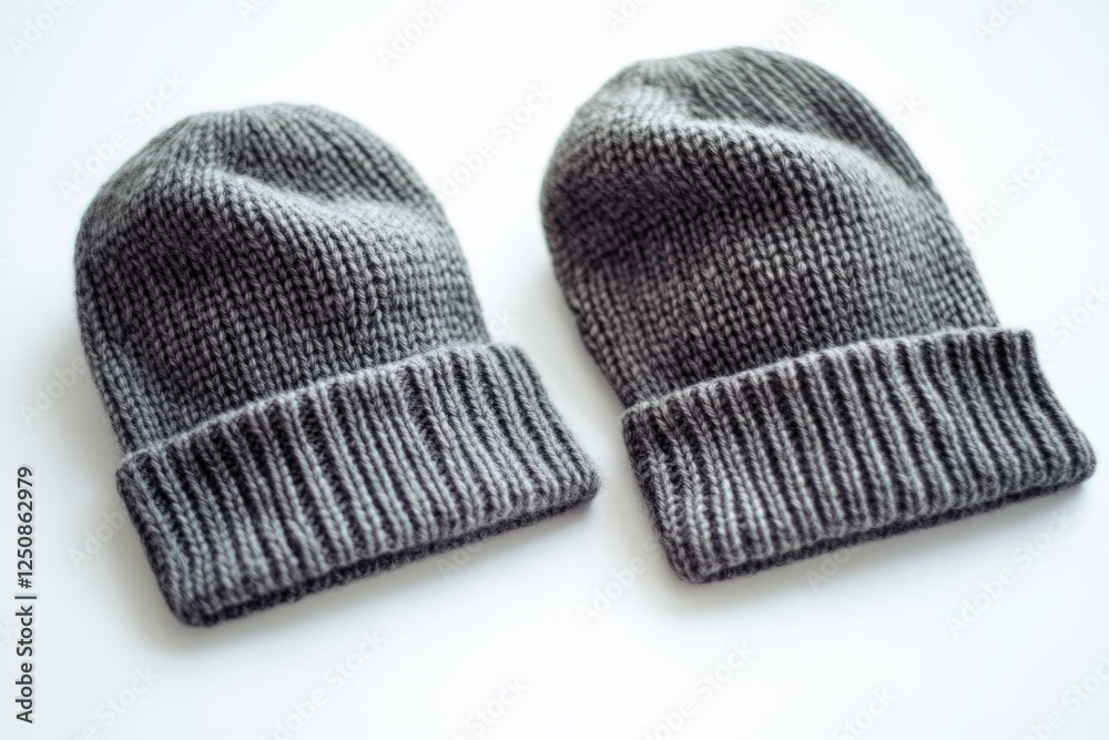 Poster a pair of gray knitted hats sit on top of a table, waiting to be used or stored