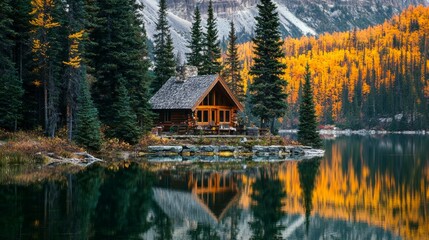Fototapeta premium Cozy Cabin Retreat Surrounded by Autumn Foliage and Calm Waters