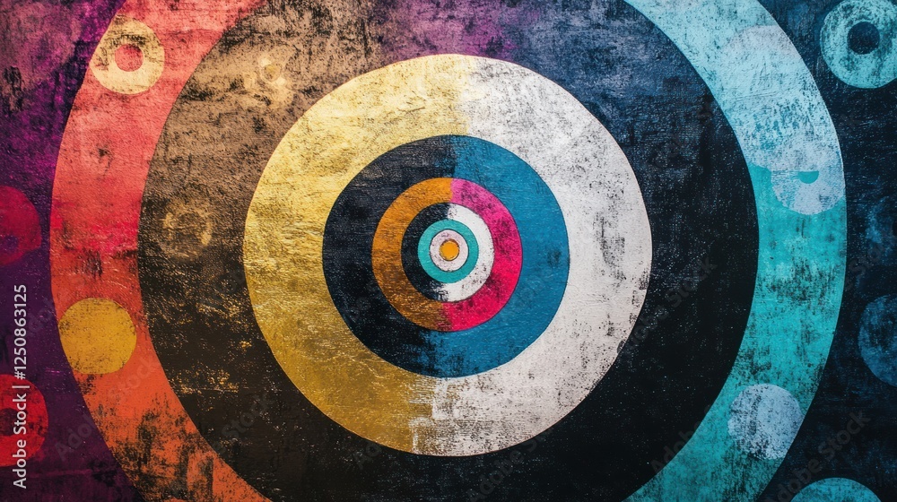 Poster abstract concentric circles with grunge texture and vibrant colors.