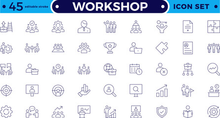 Workshop icon set. Containing team building, collaboration, teamwork, coaching, problem-solving and education icons. Set of line icons related to training, mentoring. Editable stroke outline icon.