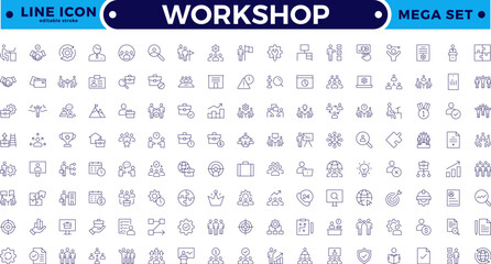 Workshop icon set. Containing team building, collaboration, teamwork, coaching, problem-solving and education icons. Set of line icons related to training, mentoring. Editable stroke outline icon.