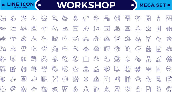 Workshop icon set. Containing team building, collaboration, teamwork, coaching, problem-solving and education icons. Set of line icons related to training, mentoring. Editable stroke outline icon.