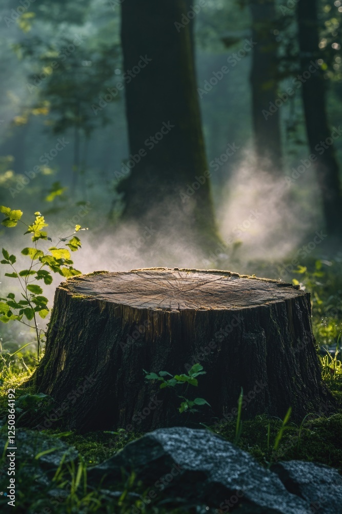 Poster a lone tree stump stands in the midst of a dense forest, surrounded by lush greenery and towering tr
