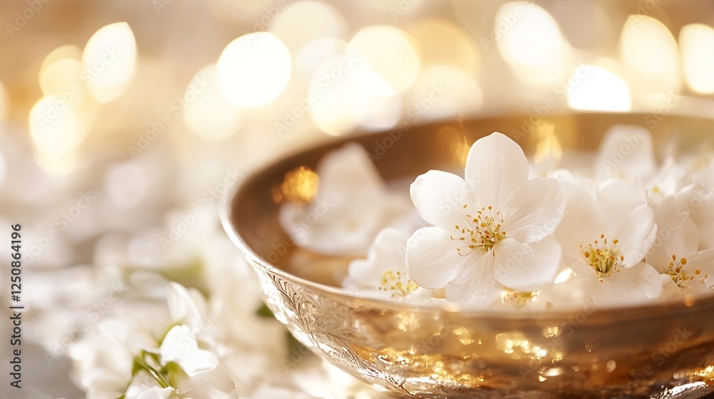 Poster delicate white flowers floating in a gilded bowl exuding tranquility and elegance with soft shimmeri