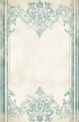 A vintage-style decorative frame with intricate turquoise patterns on a textured beige background, ideal for invitations or announcements.