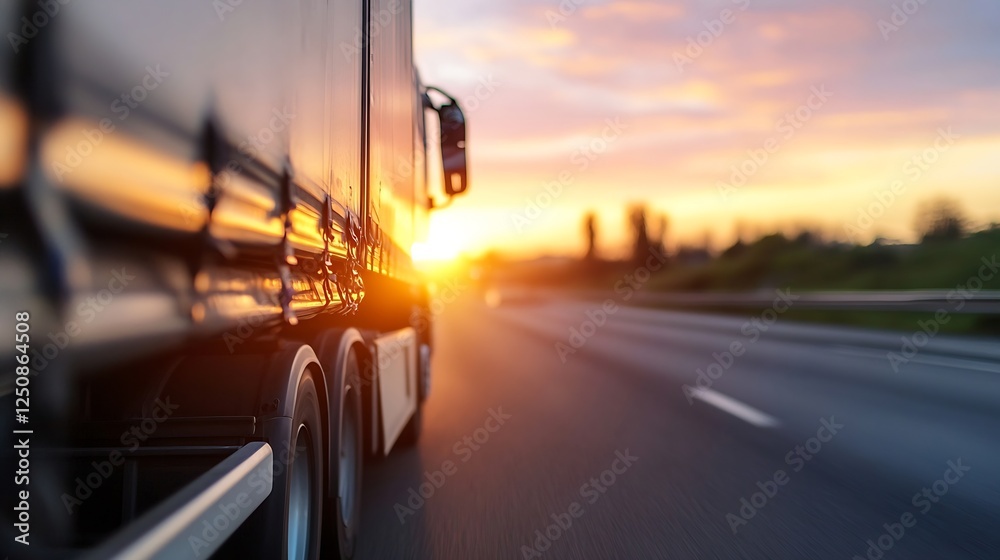 Poster dynamic close up of a large truck driving on a highway during a breathtaking sunset : generative ai