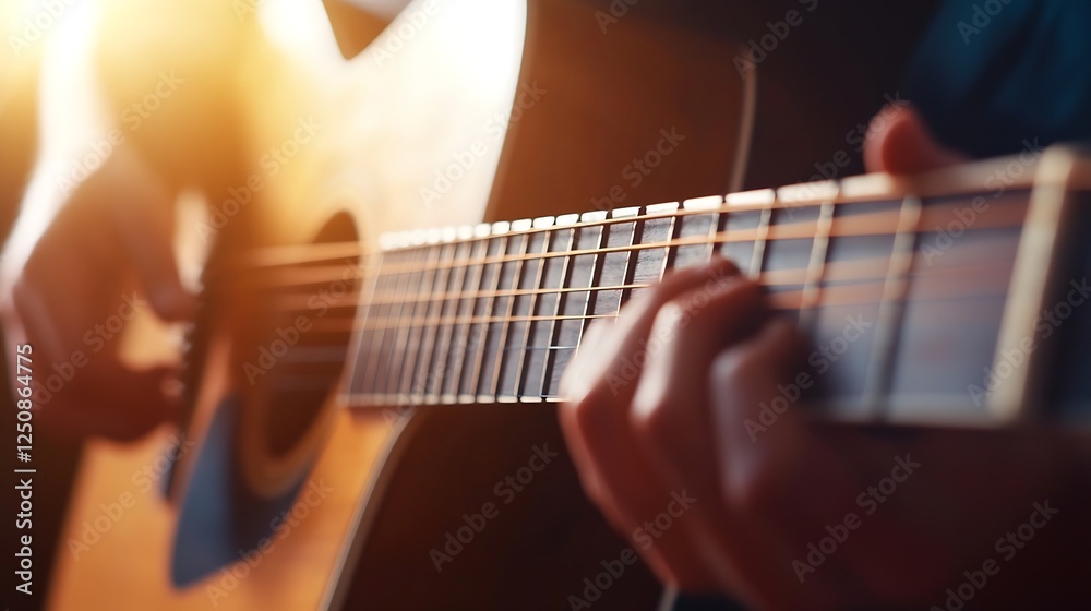 Aufkleber close up of a person playing acoustic guitar with sunlit background in soft focus : generative ai
