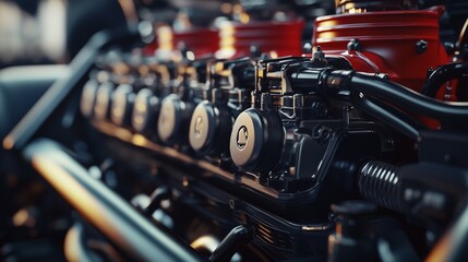 Close-Up of Vintage Engine with Red Highlights and Mechanical Details