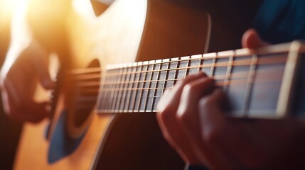 Naklejka premium Close up of a person playing acoustic guitar with sunlit background in soft focus : Generative AI