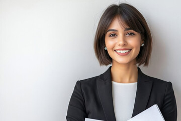 A professional an attractive Indian woman in her late thirties, smiling and holding up some documents against a white background.