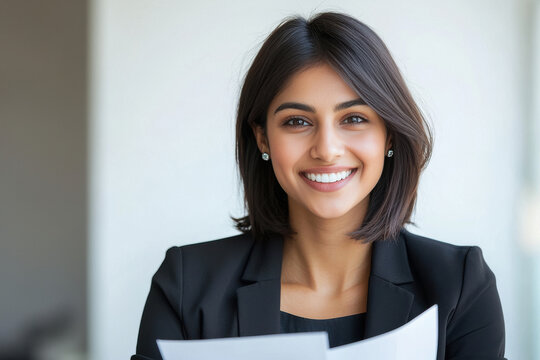 A professional an attractive Indian woman in her late thirties, smiling and holding up some documents against a white background.