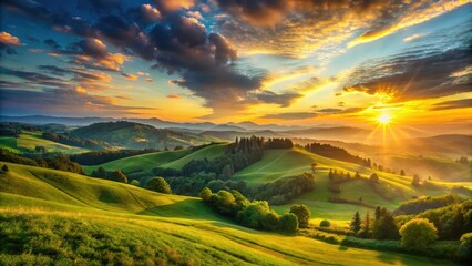Fototapeta premium Green hills bathed in sunrise, vibrant sky, deep focus captures panoramic beauty.