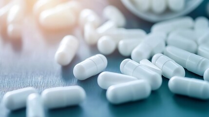 Scattered White Pills and Capsules on Table with Soft Light : Generative AI